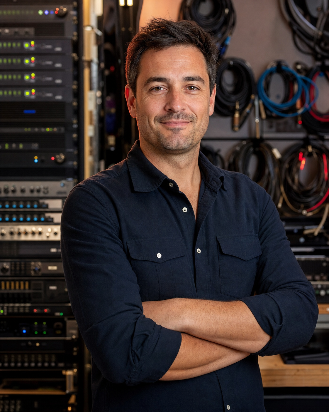 Fabien Charpentier dans son atelier technique face à un rack d'amplificateurs et de contrôleurs de zone