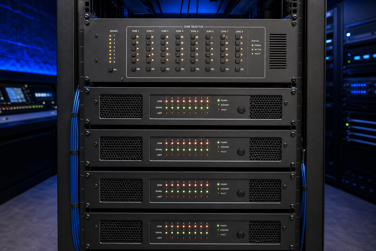 Rack de matrice audio multizone avec amplificateurs et contrôleurs DSP