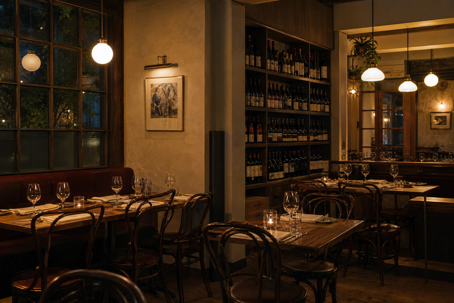 Système de sonorisation d'ambiance intégré dans un restaurant avec éclairage chaleureux